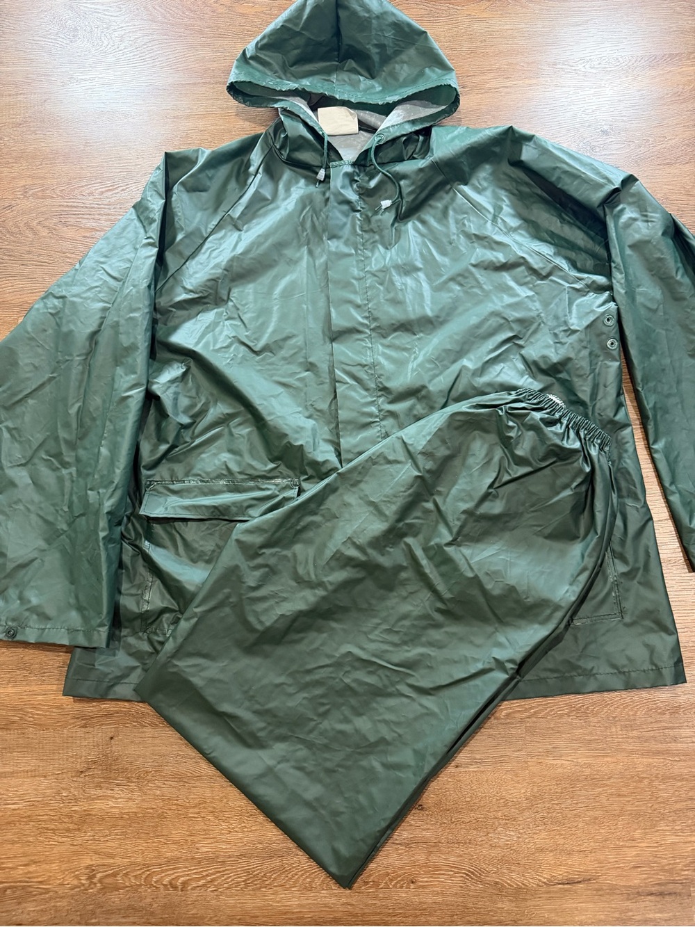 Vintage Seaway Green PVC Coated Nylon Rain Suit Jacket and Pants, Men’s Large